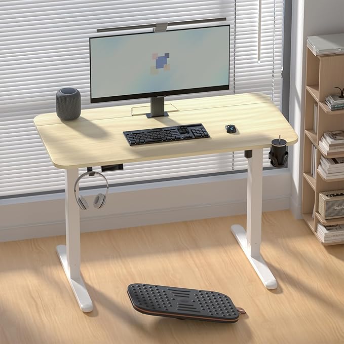 Electric Standing Desk With Cable Management Tray,55x24 Inch Adjustable Height Sit Stand Desk,With Memory Presets & Anti-Collision Computer Desk For Office,Home,Light Wood Top&White Frame