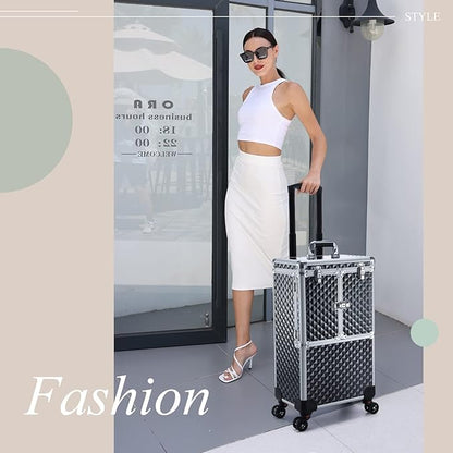Professional Makeup Train Case Extendable Cosmetology Case on wheels | Rolling makeup station with a drawer and trays, ideal for makeup artists or dance competitions. Super organized.