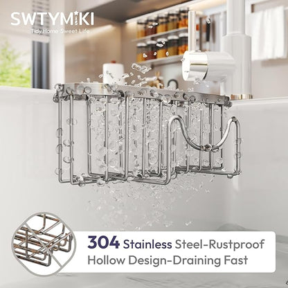 SWTYMIKI Sponge Holder for Kitchen Sink - Movable Kitchen Sink Caddy with M Shape Hook Stainless Steel Hanging Sponges Caddy Organizer in Double Bowl Sinks Depth>3.15in, Middle divider<1.5in, Silver L