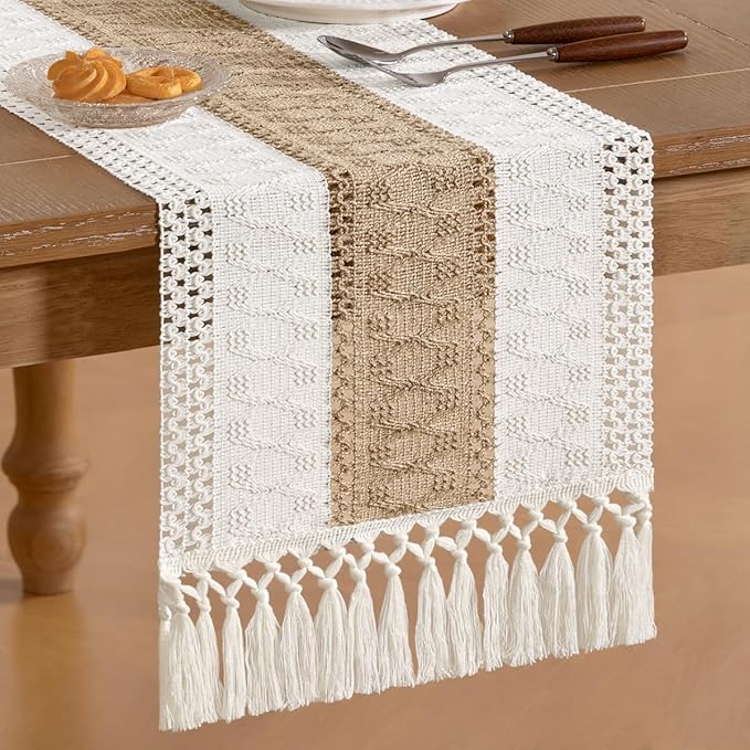 Socomi Boho Table Runner Valentine's Day Farmhouse Rustic Dining Kitchen Centerpiece Decor Small Macrame Woven Cotton Linen Coffee Table Runner for Dresser Scarf Home Decor 12x36 inch