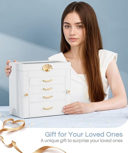 Jewelry Box with 4 Drawers: Display Organizer for Earrings Necklaces - Christmas Gifts for Girls Women (White)