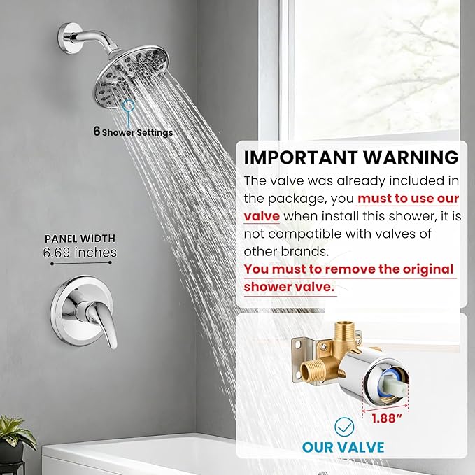 gotonovo Shower Faucet Set Bathroom Shower Head and Handle Set Complete 6 Settings 6 inch Rainfall Shower Head Kit High Pressure Shower System Combo Shower Trim Kit with Valve Polished Chrome
