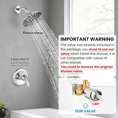 gotonovo Shower Faucet Set Bathroom Shower Head and Handle Set Complete 6 Settings 6 inch Rainfall Shower Head Kit High Pressure Shower System Combo Shower Trim Kit with Valve Polished Chrome