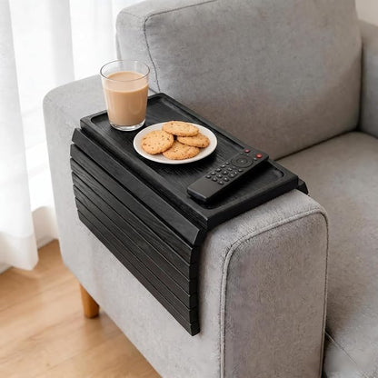 Black Acacia Wood Couch Armrest Table, Couch Arm Tray, Foldable Anti-Slip Bamboo Couch Tray, Sofa Cup Holder for Drink Snacks Remote Control