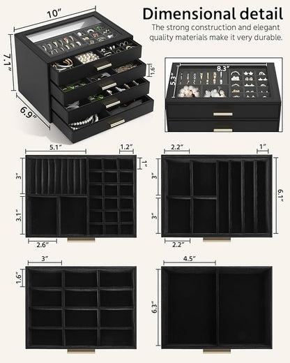 AKOZLIN Jewelry Box with Clear Lid Functional Leather Jewelry Storage Organizer Case 4 Drawers for Women Girls Necklace Ring Bracelet Earring