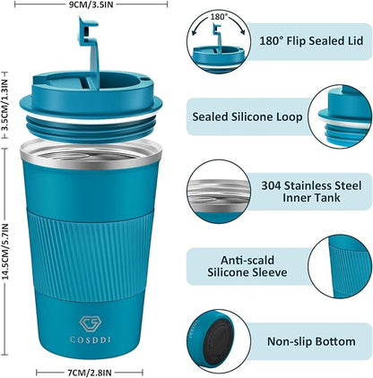CS COSDDI Stainless Steel Travel Mug 12oz - Vacuum Insulated Coffee Travel Mug Spill Proof with Leakproof Lid - Double Walled Reusable Tumbler Cups for Keep Hot/Ice Coffee,Tea and Beer(Aquamarine)
