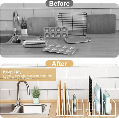 Cutting Board Organizer and Baking Sheet Rack, [2-Pack] White Heavy Duty Metal Cookie Sheet Organizer for Cutting Board Storage & Plate Holder for Cabinet, Tray Dividers for Cabinets
