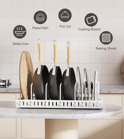 Lozovin Pull Out Pots and Pans Organizer Under Cabinet, Sliding Lid Holder and Pan Rack in Kitchen, Slide Out inside Cabinet Storage for Pot Lid, Bakeware, Dishes, 8 Adjustable Dividers, 2 Pack White