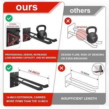 14" Large Heavy Duty Garage Hooks, 2-Pack Steel Garage Storage Hooks with Support Rods, Utility Wall Mount Hangers for Power Tools, Car Tires, Ladders, Chairs, Garden Tools and More