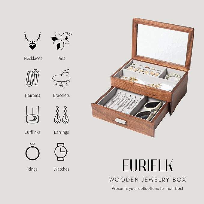 Wooden Jewelry Box, Large Size Case, Natural Solid Walnut Wood Vintage Trinket Organizer with 2-Layer Storage, Drawer, Ring Compartments, Necklace Hooks, Glass Lid, ek06-b-walnut