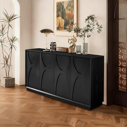 Sideboard Buffet Cabinet, Accent Storage Cabinet with 4 Doors and Adjustable Shelf, Farmhouse Mid Century Modern Buffet Sideboard for Living Room, Kitchen, Entry (Black)