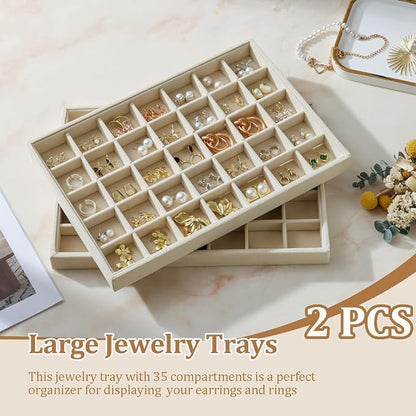 Large Velvet Jewelry Tray 2 Pack Stackable Jewelry Display Drawer Inserts Trays Organizer for Earring Bracelet Necklace Ring (Beige, 35 Grids)