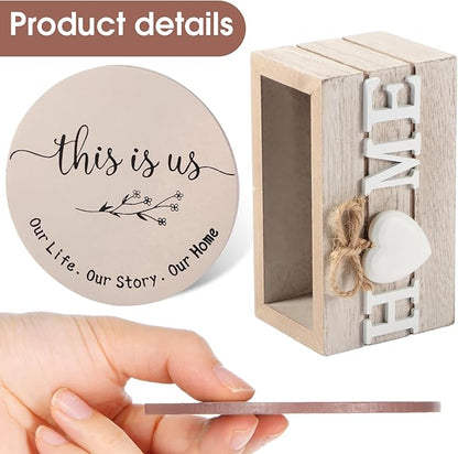 Queekay Coasters Set of 6 House Warming Gifts New Home Wooden Farmhouse Drink Coasters with Holder 4'' Funny Decoration for Kitchen Family Coffee Bar Tabletop Protection(Light Brown)
