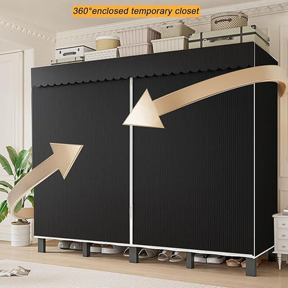 74.8in Heavy Duty Clothe Rack with Cover Foldable Portable Wardrobe Closets for Hanging Clothes 1200lbs Storage Organizer Folding Clothing Rack Freestanding Metal Garment Rack (black, 74.8in/190cm)