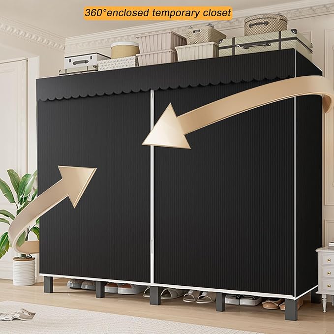 59.1in Foldable Portable Wardrobe ClosetS for Hanging Clothes Heavy Duty Garment Rack with Cover Folding Metal Clothing Racks Freestanding Collapsible Large Covered Armoire (black, 59.1in/150cm)