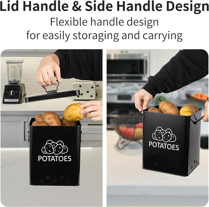 Potato and Onion Storage Bin, Set of 2 Vegetable Storage Tins with Metal Lids & Side Handles, Dual-row Ventilation Holes, Farmhouse Metal Kitchen Canisters Sets, Black