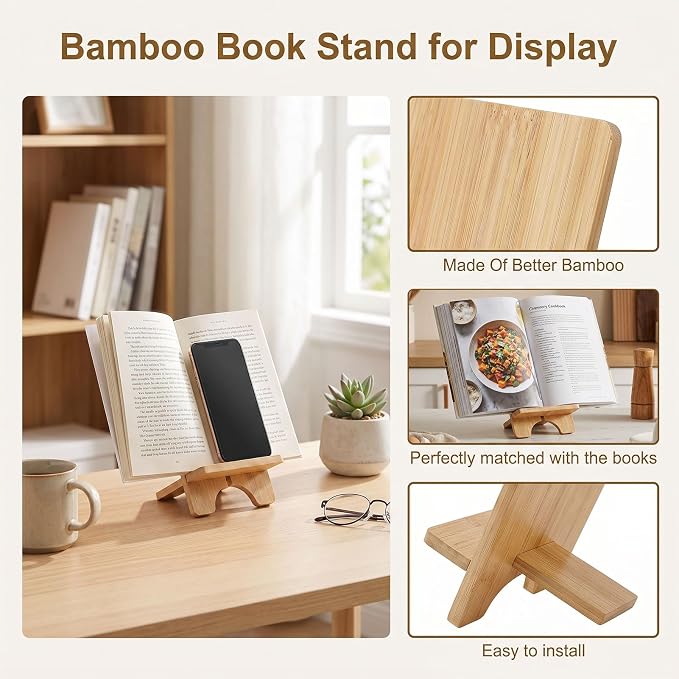 4 Pack Bamboo Book Display Stand Bamboo Book Holder for Books, Magazines, Picture Artworks, Small Easels for Display, Display Bookstand for Coffee Table, Kitchen, Office