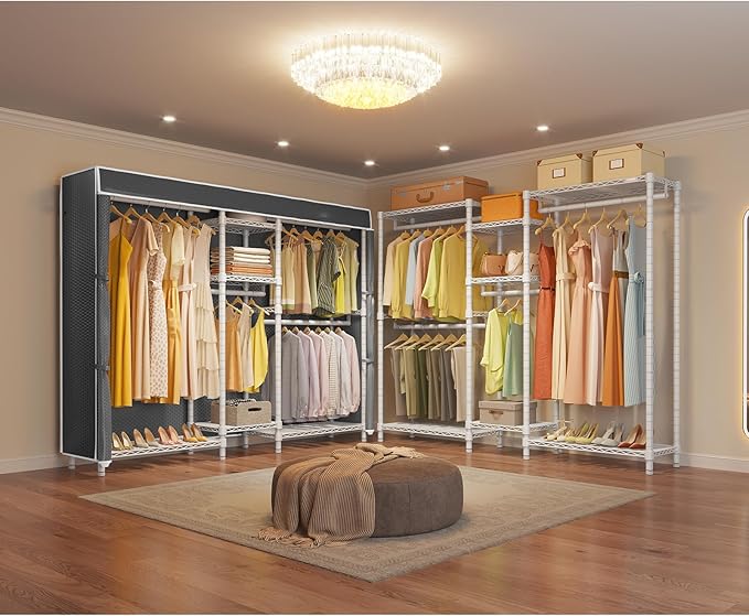 VIPEK Classic V6C Heavy Duty Covered Clothes Rack 5 Tiers Wire Garment Rack Large Size Wardrobe Closet White Metal Clothing Rack with Black Oxford Cover, 70.1" L x 17.3" W x 76.4" H, Max Load 870 LBS