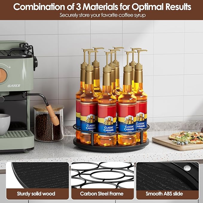 Nuovoware 9 Bottles Rotating Coffee Syrup Rack, Syrup Rack Organizer Carbon Steel Frame with Wooden Base Bottle Holder for Coffee Flavored Syrups Table Top Thermos Liquor, Black+Black