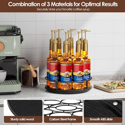 Nuovoware 9 Bottles Rotating Coffee Syrup Rack, Syrup Rack Organizer Carbon Steel Frame with Wooden Base Bottle Holder for Coffee Flavored Syrups Table Top Thermos Liquor, Black+Black