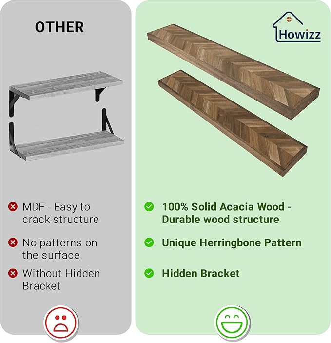 Howizz 24" Acacia Chevron Floating Shelves Set of 2 - Wall Mounted Wooden Shelf for Stylish Home Décor - Walnut Color - 24x6.7x1.5 Inches