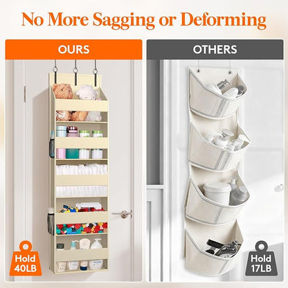 Lifewit 1 Pack Over the Door Organizer, Clear Window Hanging Storage with 4 Side Pockets, Anti Tilt 40 lbs Load Behind Door for Pantry, Nursery, Bathroom, Bedroom, Dorm, 5 Section, Beige