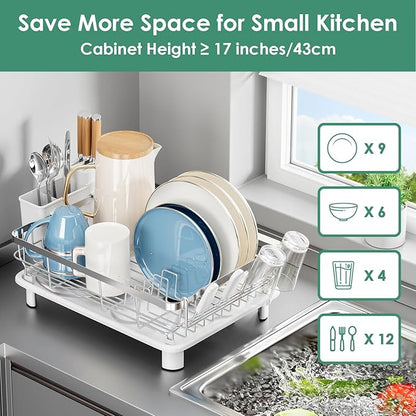 MOUKABAL Dish Drying Rack, Dish Rack, Stainless Steel Dish Racks for Kitchen Counter, Dish Drainer with Removable Utensil Holder, Drainboard (White,Stainless Steel,13''W x 17''L)