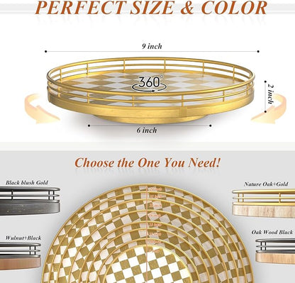 9 Inch Gold Lazy Susan Turntable Organizer, Kitchen Counter Spice Rack Organizer, Rotating Seasoning Tray for Cabinet Pantry, Farmhouse Round Decorative Serving Tray with Guard Rail