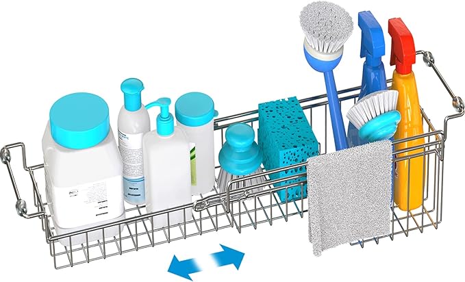 FavoThings Over The Kitchen Sink Caddy Sponge Holder Organizer Drying Rack Expandable for Sponge Brush Soap Dish Cloth Rag Smaller 14.5" to 22", Stainless Steel