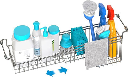 FavoThings Over The Kitchen Sink Caddy Sponge Holder Organizer Drying Rack Expandable for Sponge Brush Soap Dish Cloth Rag Smaller 14.5" to 22", Stainless Steel