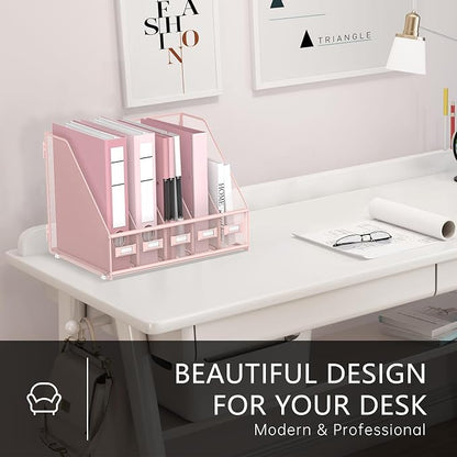DALTACK Desk Organizers Metal Magazine File Holder with 5 Vertical Compartments Folder Storage Binder Organizer for Office Home School Organization, Pink Plus