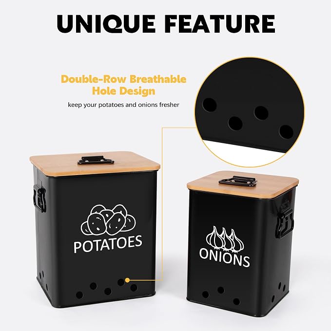 Potato and Onion Storage Bin, Set of 2 Vegetable Storage Tins with Wooden Lids & Side Handles, Dual-row Ventilation Holes, Farmhouse Metal Kitchen Canisters Sets, Black