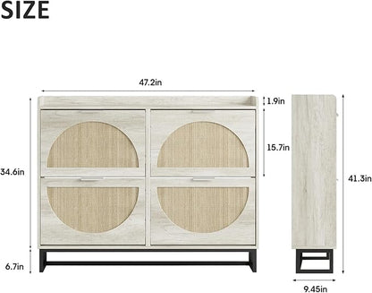 Maupvit Large Rattan Shoe Storage Cabinet with 4 Flip Drawers, Freestanding Shoe Organizer with Metal Legs for Entryway, Hidden Silver Handles, Narrow Shoe Rack Cabinet, Beige