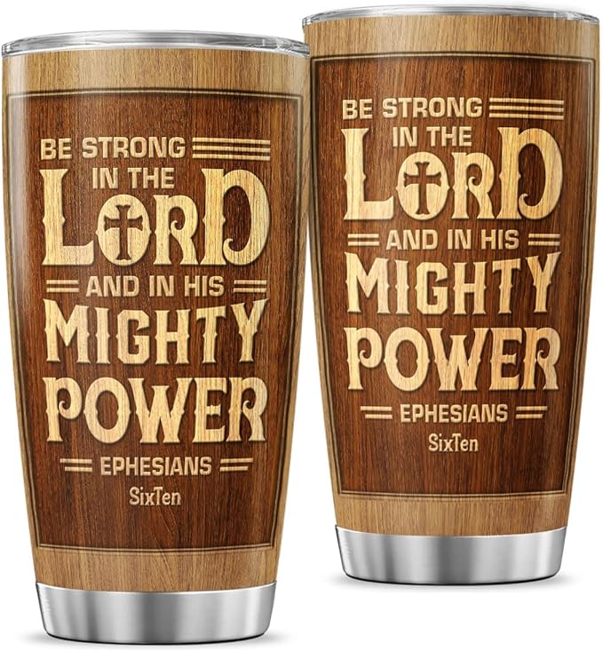 Be Strong in the Lord Wood Grain Design Tumbler 20oz, Inspirational Bible Verse Stainless Steel Travel Mug, Ephesians 6:10 Scripture Gift for Men, Christian Encouragement Cup