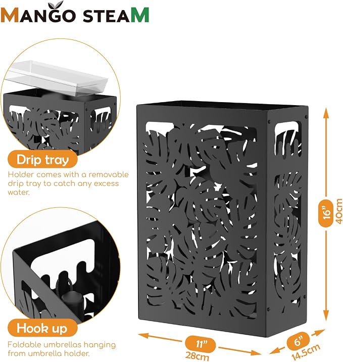Mango Steam Monstera Umbrella Holder Stand for Home or Office Entryways (Black, Monstera)
