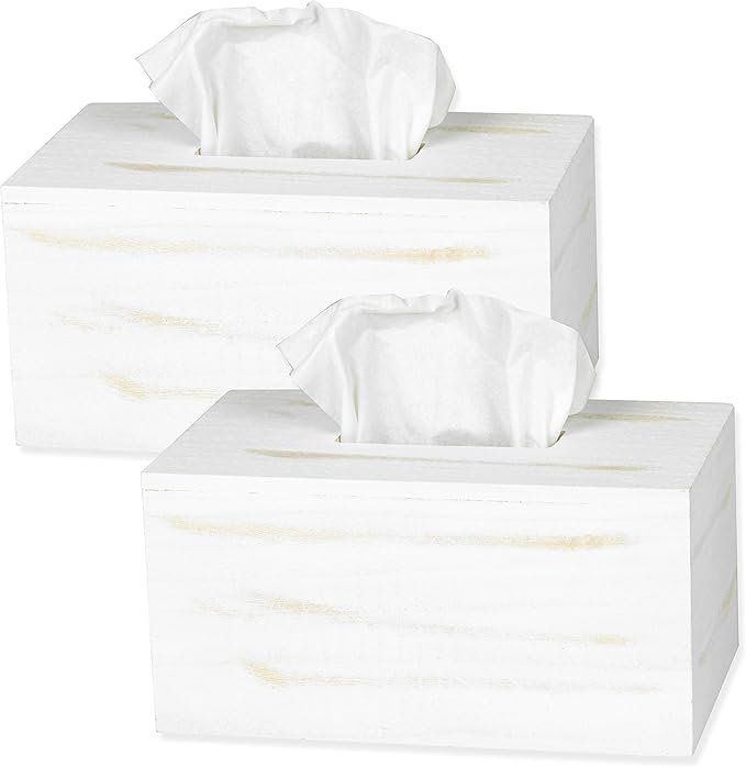 Ilyapa Wood Tissue Box Cover, 2 Pack Rectangular - Rustic Farmhouse White Wooden Tissue Holders