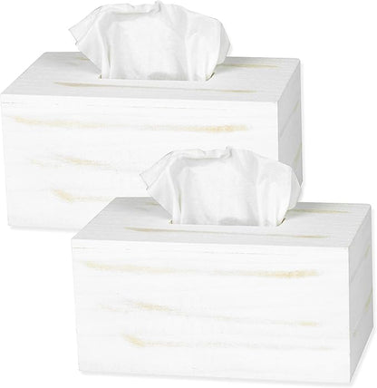 Ilyapa Wood Tissue Box Cover, 2 Pack Rectangular - Rustic Farmhouse White Wooden Tissue Holders