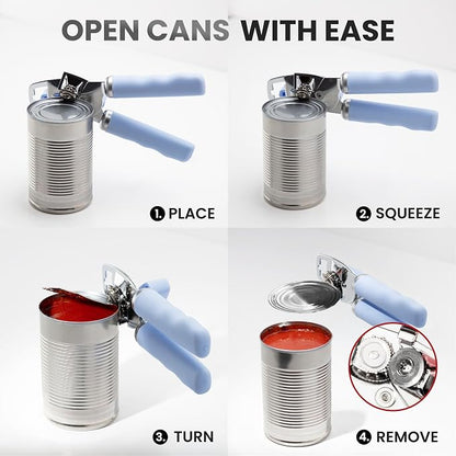Zulay Kitchen Heavy Duty Stainless Steel Can Opener Manual with Bottle Opener - Rust Proof Manual Can Opener With Turn Knob & Comfy Soft Grip Handles - Light Blue