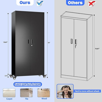 Garage Storage Cabinet with Wheels, Metal Storage Cabinet with 4 Adjustable Shelves and Lockable Doors for Garage Home Utility Room,Required Assembly,Black,73" H×31.57" W×15.71" D