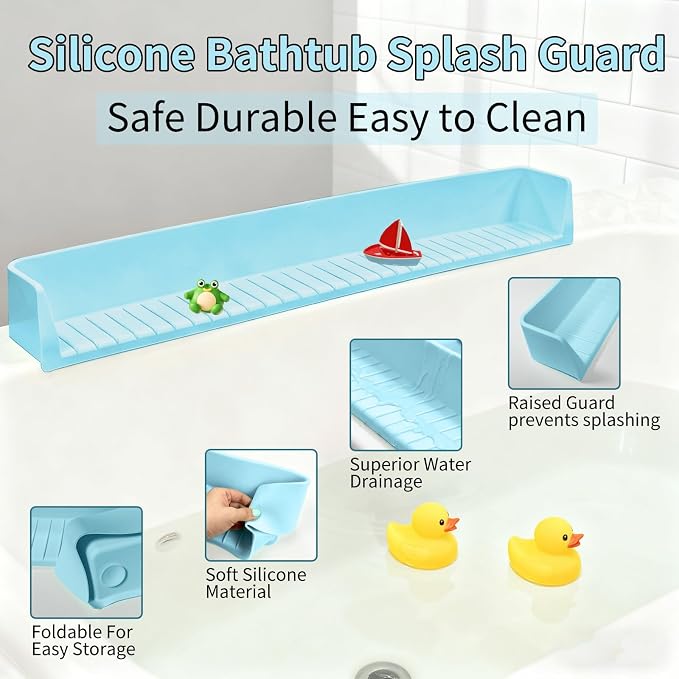Bathtub Splash Guard for Tub Kids - 31IN Silicone Splash Guard with 11 Strong Suction Cups, Toy Tray Caddy Holder for Tub, Prevent Water Spills in Bathroom, Suitable for Kitchen Sinks and Bathtubs