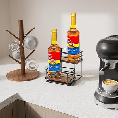 4 Bottle Coffee Syrup Organizer Rack, 2 Tier Coffee Syrup Bottle Stand Holder for Coffee Bar, Installation-free, Liquor Bottle Display Shelf, Coffee Syrup Shelf for Liquor Whiskey Wine Display