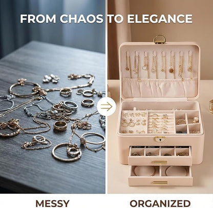Jewelry Box for Women, Large Dresser Top Organizer with 3 Layers & 2 Drawers, PU Leather Storage Case for Earrings, Necklaces, Rings, Giftable Vanity Box (Cream white)
