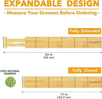 SpaceAid Bamboo Drawer Dividers with Inserts and Labels, Kitchen Adjustable Drawer Organizers, Expandable Organization for Home, Office, Dressers and Bathroom, 8 Dividers with 18 Inserts (17-22 in)