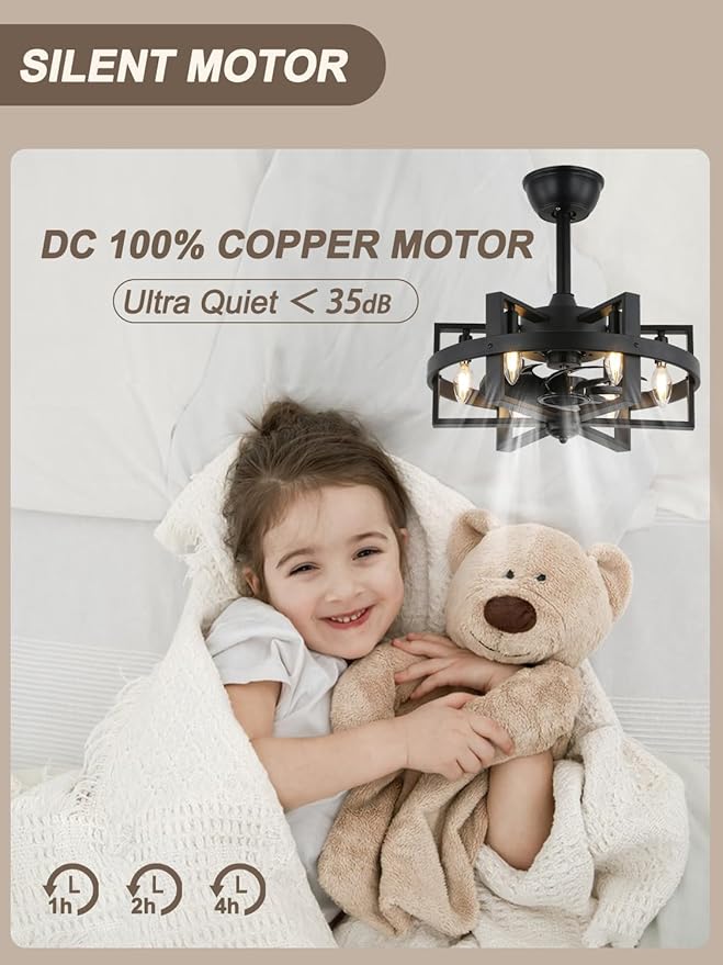 Black Caged Ceiling Fan with Light, 18.5" Modern Ceiling Fan with Lights and Remote, 6-Light Low Profile Ceiling Fans for Bedroom Living Room