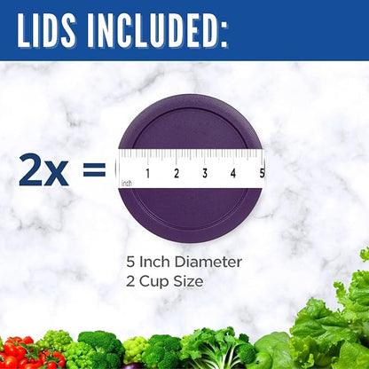 Replacement Lids fits Pyrex 2-Cup Glass Food Storage Container Bowls, 5-Inch Plastic Round Lids Covers for Pyrex 7200-PC, Airtight & Leakproof (2-Pack, Purple)