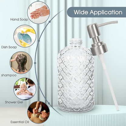 Gem-Patterned Glass Soap Dispenser with Rust Proof Stainless Steel Pump-13 oz Liquid Hand Soap Dispenser for Kitchen & Bathroom,Great for Lotions, Essential Oil, Liquid Soaps-Clear