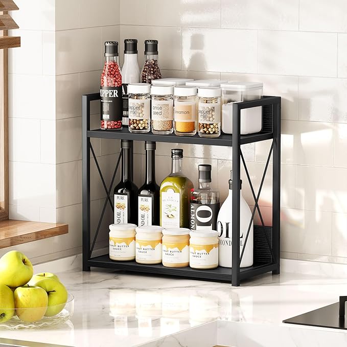 Giikin Kitchen Countertop Organizer, 2 Tier Coffee Bar Organizer, Black Spice Rack for Counter, Kitchen Counter Shelves, Particleboard, Large Size (15.8" L x 7.9" W x 15.8" H), Black