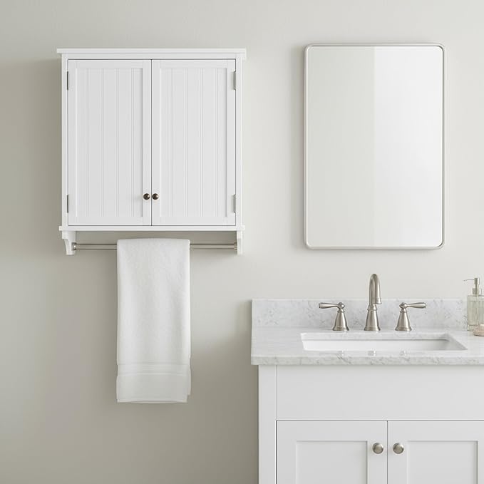 Dover 27” x 29” Wall Mounted Bathroom Storage Cabinet with Shaker Beadboard Doors, Two Adjustable Shelves and a Towel Bar – White Wall Cabinet for Bathroom, Laundry, or Entryway by Alaterre Furniture