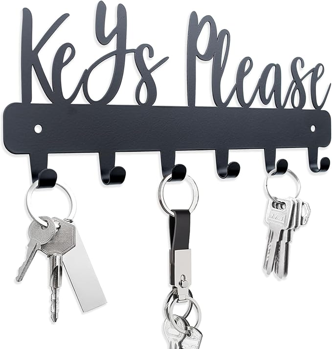 Keys Please Holder on Wall,Key Holder Wall Mounted,Black Metal Decorative Key Rack Hooks for Garage, Mudroom, Hallway,Entryway,Front Door,Office (Normal Size:11x4.57inches)