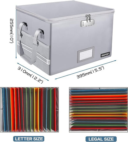 ENGPOW File Box with Lock, Fireproof Document Box with Pockets, Collapsible File Organizer Filing Storage Cabinet with Handle, Portable Home Office Safe for Hanging Letter/Legal Folders,Silver,2 Pack